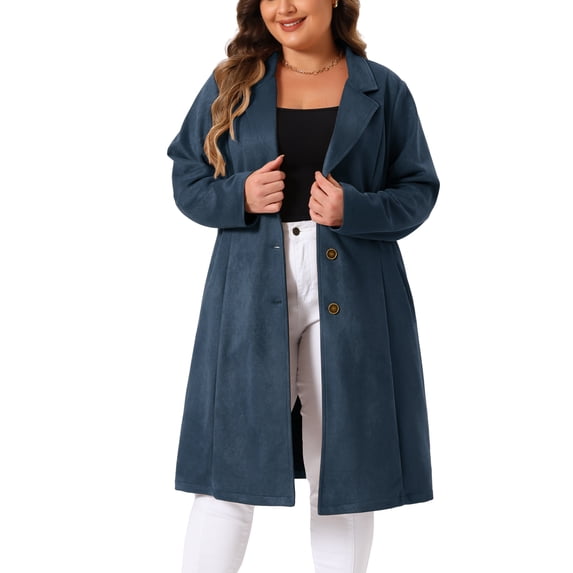 Agnes Orinda Women's Plus Size Coats Long Sleeve Suede Long Coat Outerwear with Pockets 3X Dark Blue