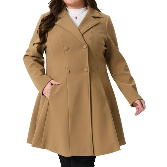 Agnes Orinda Women's Plus Size Coats Notch Lapel Double Breasted Winter Pea Coat Trench Coat 3X Camel