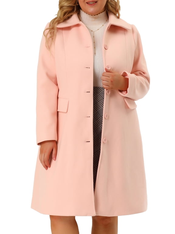 Women's Plus Size Coats Peter Pan Collar Single Breasted Trench Winter Peacoat With Pockets 1X Pink
