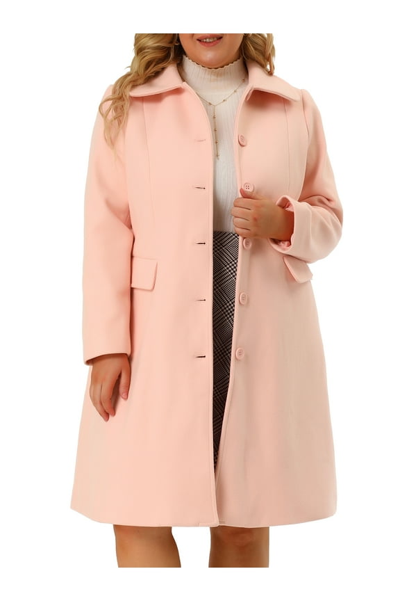 Women's Plus Size Coats Peter Pan Collar Single Breasted Trench Winter Peacoat With Pockets 1X Pink