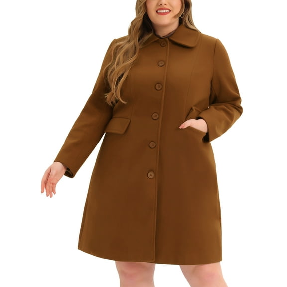 Agnes Orinda Women's Plus Size Coats Peter Pan Collar Single Breasted With Pockets Trench Winter Long Peacoat 3X Brown