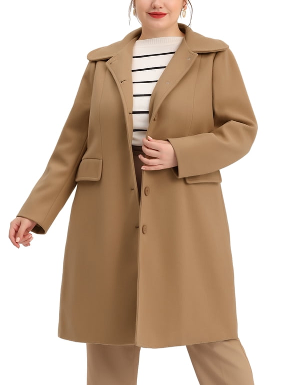 Women's Plus Size Coats Peter Pan Collar Single Breasted With Pockets Trench Winter Long Peacoat 3X Camel