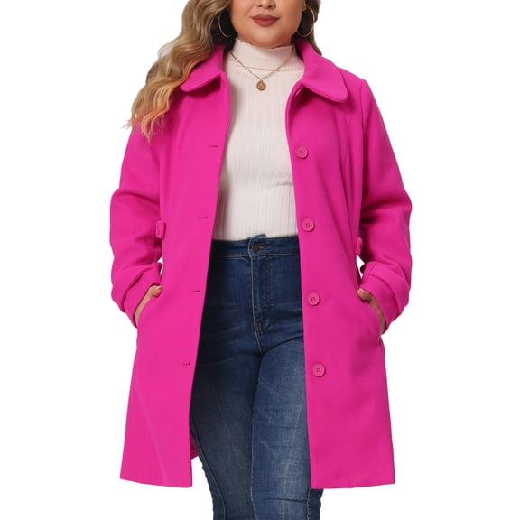 Agnes Orinda Women's Plus Size Coats Single Breasted Trench Jacket Winter Long Peacoats 1X Hot Pink