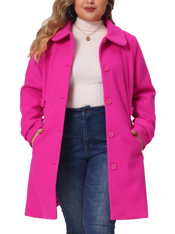 Women's Plus Size Coats Single Breasted Trench Jacket Winter Long Peacoats 1X Hot Pink