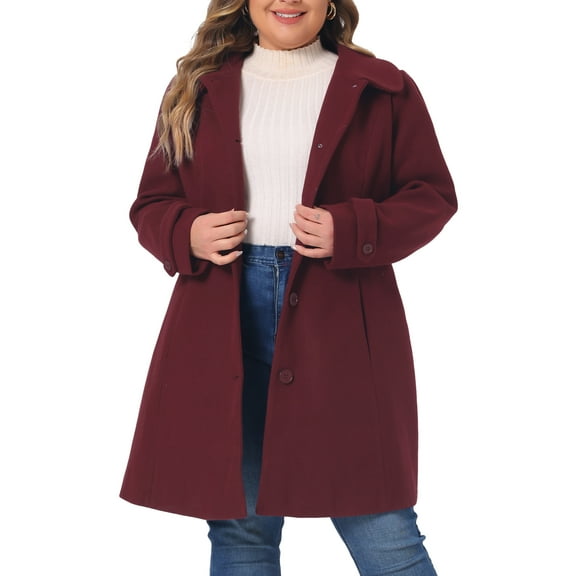 Agnes Orinda Women's Plus Size Coats Single Breasted Trench Jacket Winter Long Peacoats 3X Burgundy