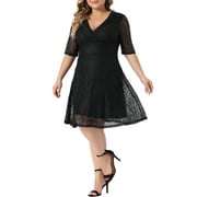 AGNES ORINDA Women's Plus Size Cocktail Dress V Neck Wedding Lace Swing Midi Dresses 3X Black