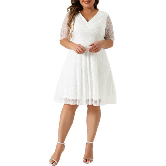 Agnes Orinda Women's Plus Size Valentines Day Cocktail Party Wedding Dress V Neck Lace Swing Midi Dresses 3X White