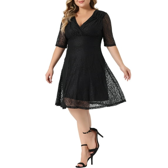 Agnes Orinda Women's Plus Size Valentines Day Cocktail Party Wedding Dress V Neck Lace Swing Midi Dresses 4X Black