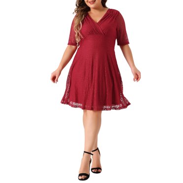 Agnes Orinda Women's Plus Size Elegant Engagement Dresses V Neck Short Sleeve Floral Lace Cocktail Dress