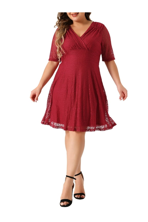 Women's Plus Size Valentines Day Cocktail Party Wedding Dress V Neck Lace Swing Midi Dresses 4X Red