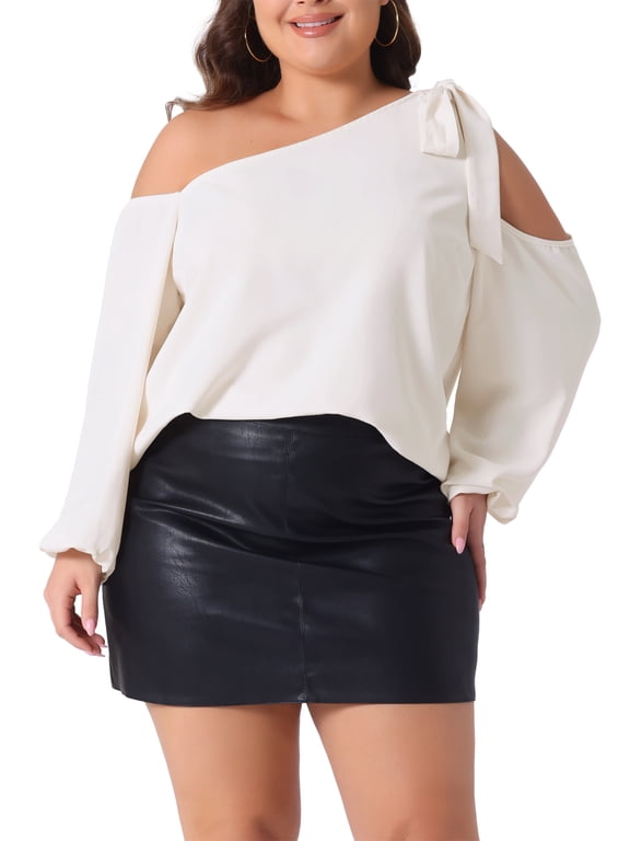 Women's Plus Size Cold Shoulder Tie Long Sleeve Blouses Casual T-Shirt Tee Tops 3X Beige