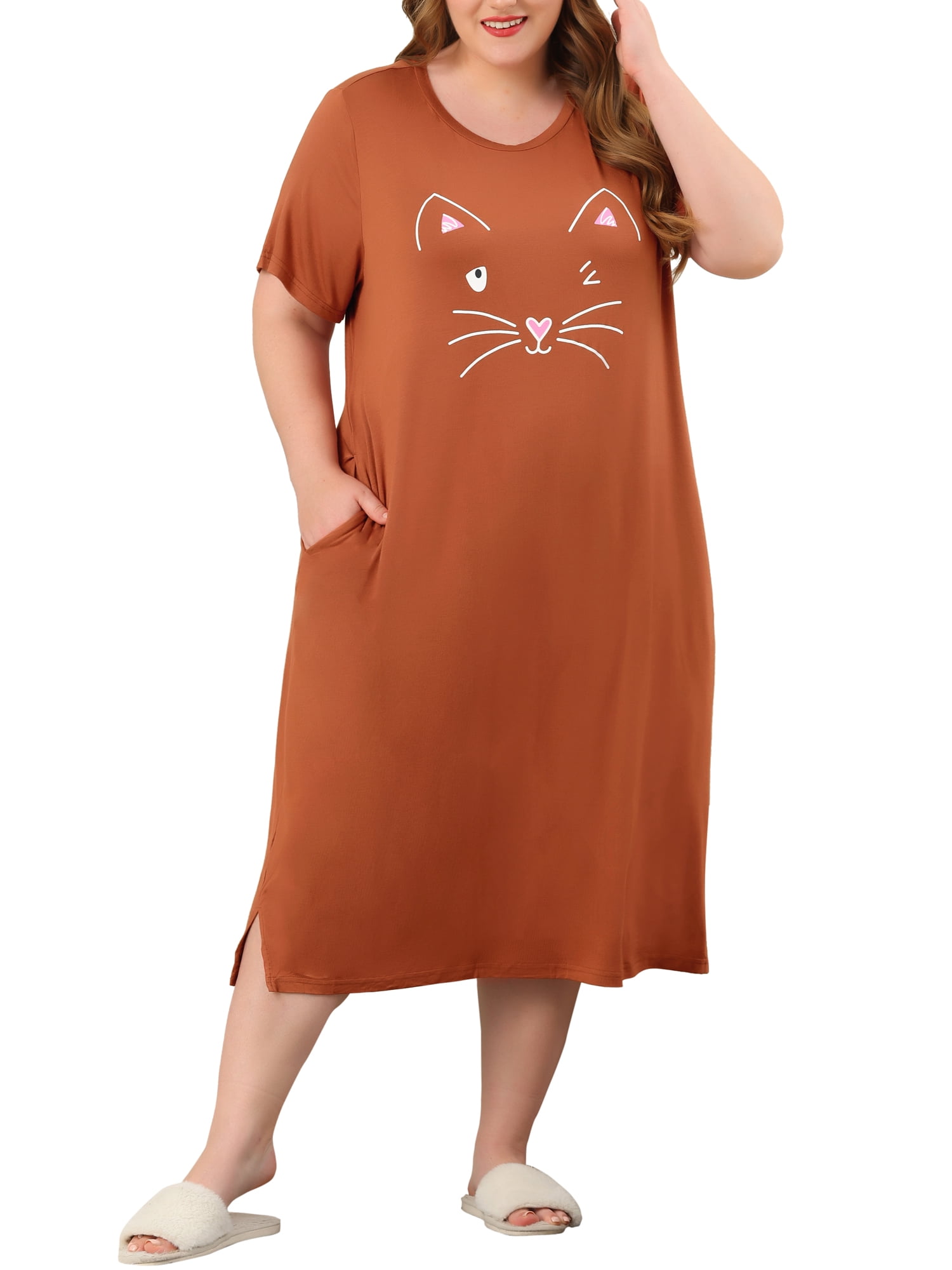 Agnes Orinda Women's Plus Size Comfy Pajamas Cute Cat Print Side Pocket