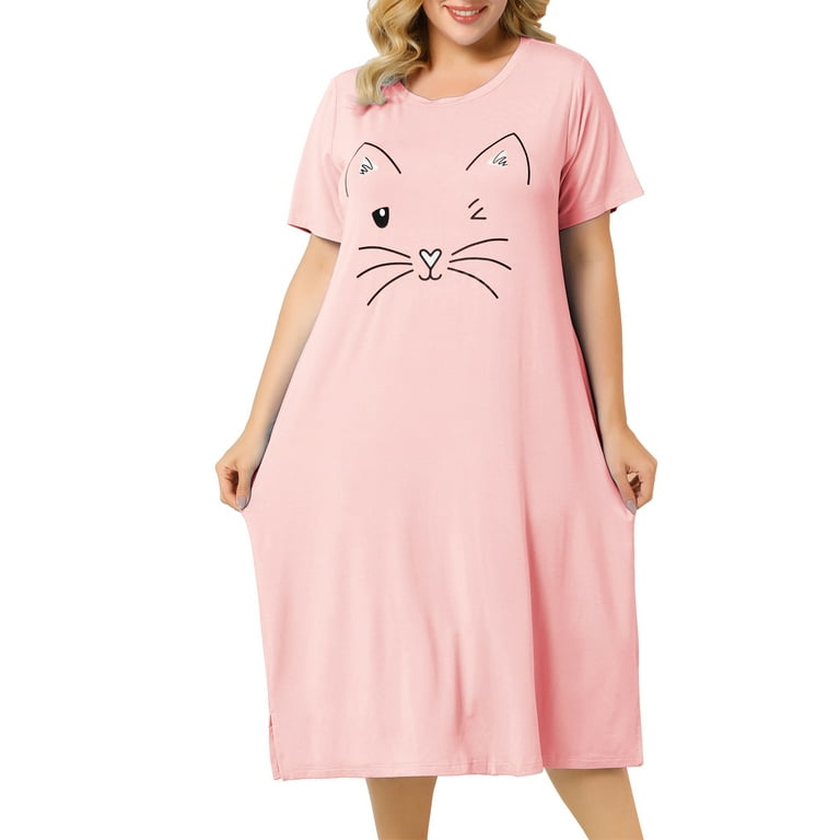 Agnes Orinda Women s Plus Size Nightgowns Soft Nightshirt Cute Cat Pajama Split Hem Family Sleepdress with Pockets 3X Pink