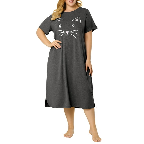 Agnes Orinda Women's Plus Size Nightgowns Crew Neck Short Sleeves Sleep Dress Cats Print Pajamas Lounge Home with Pocket 1X Dark Gray