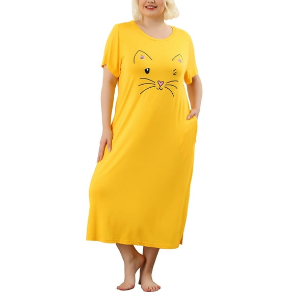 Agnes Orinda Women's Plus Size Nightgowns Crew Neck Short Sleeves Sleep Dress Cats Print Pajamas Lounge Home with Pocket 1X Yellow