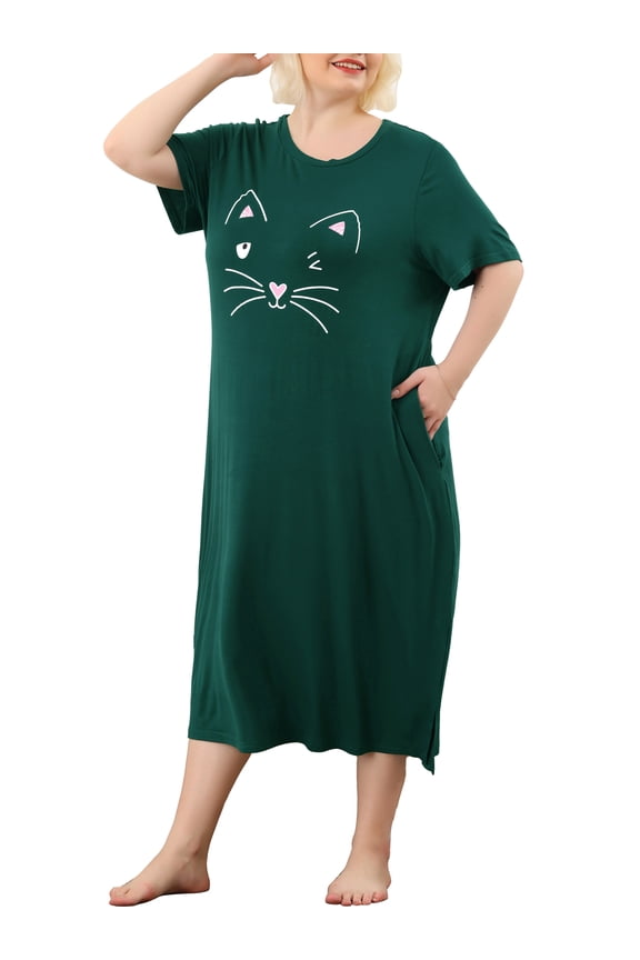 Women's Plus Size Nightgowns Crew Neck Short Sleeves Sleep Dress Cats Print Pajamas Lounge Home with Pocket 3X Dark Green