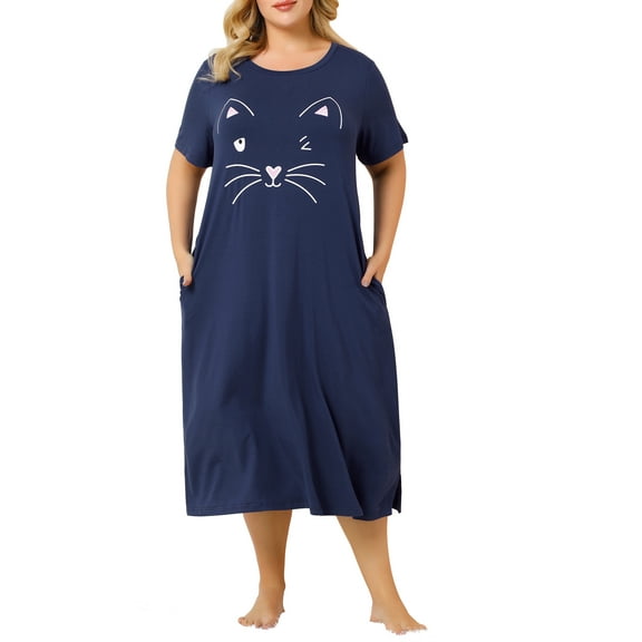 Agnes Orinda Women's Plus Size Nightgowns Crew Neck Short Sleeves Sleep Dress Cats Print Pajamas Lounge Home with Pocket 4X Navy Blue