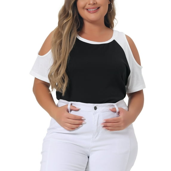 Agnes Orinda Women's Plus Size Contrast Short Sleeve Cold Shoulder Summer Blouse 2X Black