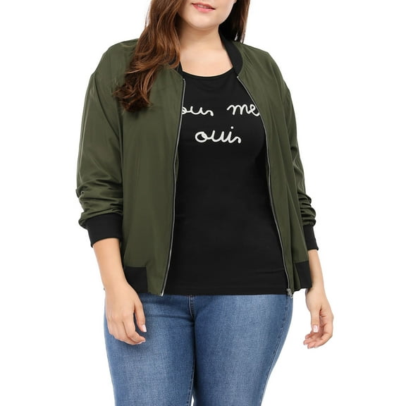 Agnes Orinda Women's Plus Size Contrast Trim Zipper Hip Length Bomber Jacket