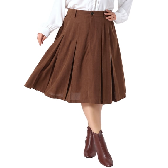 Agnes Orinda Women's Plus Size Halloween Outfits Corduroy Skirt Button High Waist A Line Midi Vintage Pleated Skirts with Pockets 2X Brown