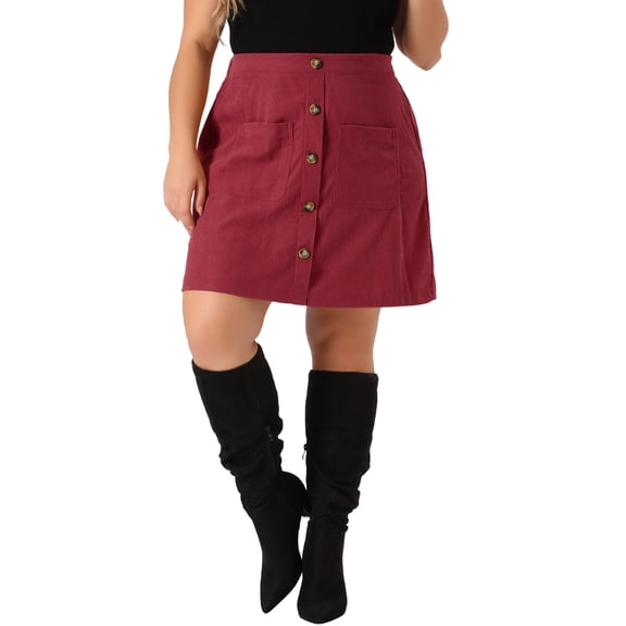 Agnes Orinda Women's Plus Size Corduroy Skirts Elastic Waist Button Down Fall Winter Short Mini Skirt with Pockets 2X Burgundy