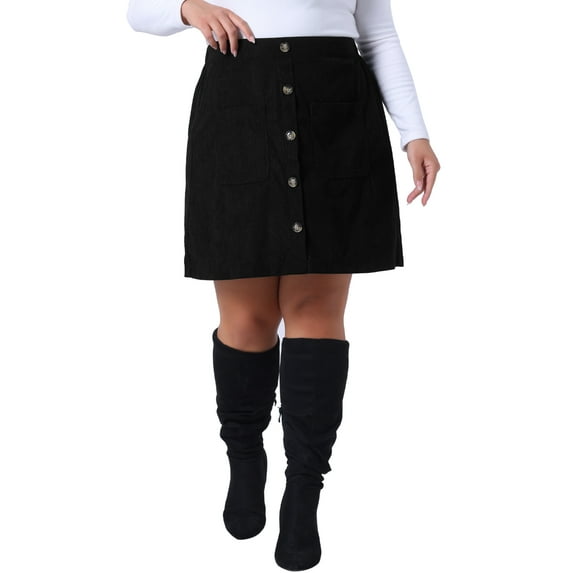 Agnes Orinda Women's Plus Size Corduroy Skirts Elastic Waist Button Down Fall Winter Short Mini Skirt with Pockets 3X Black