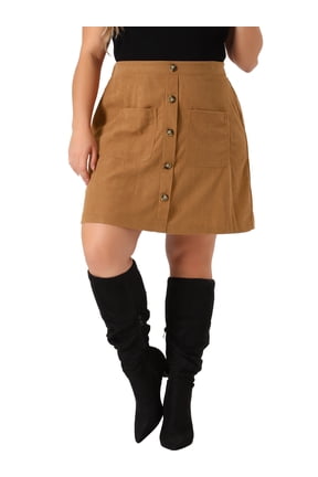 Women's Plus Size Corduroy Skirts Elastic Waist Button Down Fall Winter Short Mini Skirt with Pockets 3X Brown