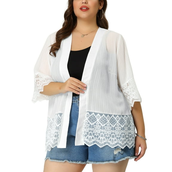 Agnes Orinda Women's Plus Size Cover Up Lace Panel Summer Holiday Boho Cardigans 1X White