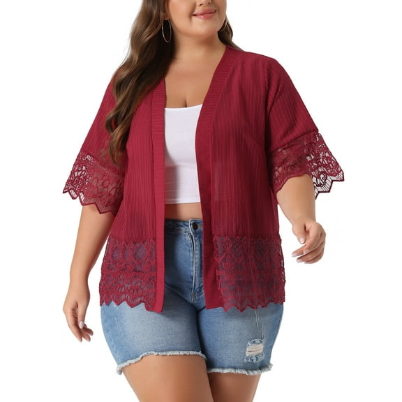 Agnes Orinda Women's Plus Size Cover Up Lace Panel Summer Holiday Boho Cardigans 2X Burgundy