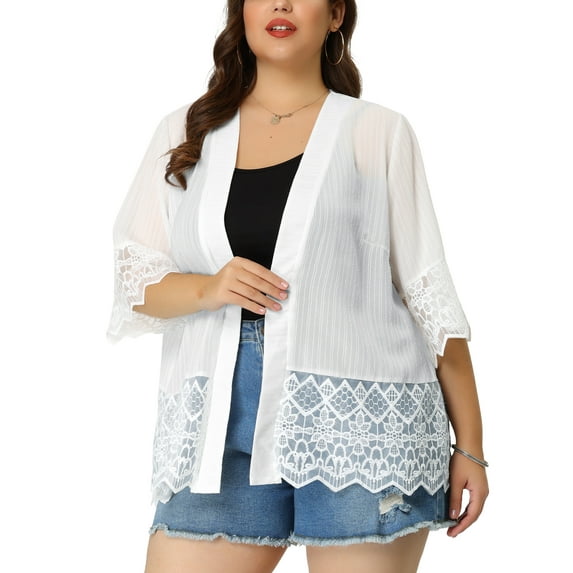 Agnes Orinda Women's Plus Size Cover Up Lace Panel Summer Holiday Boho Cardigans 2X White