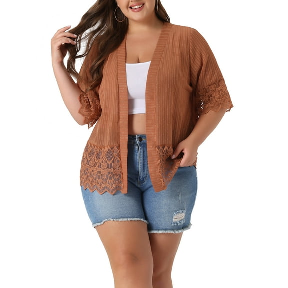 Agnes Orinda Women's Plus Size Cover Up Lace Panel Summer Holiday Boho Cardigans 3X Orange Brown