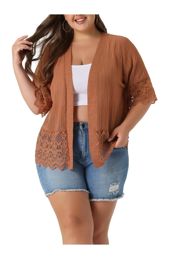 Women's Plus Size Cover Up Lace Panel Summer Holiday Boho Cardigans 3X Orange Brown