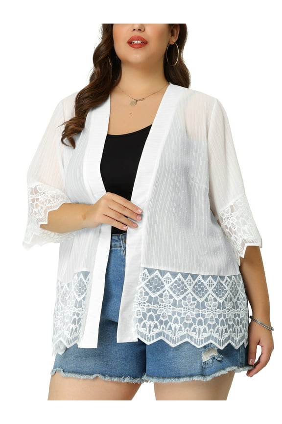 Women's Plus Size Cover Up Lace Panel Summer Holiday Boho Cardigans 3X White