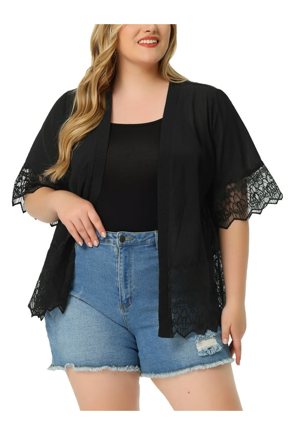 Women's Plus Size Cover Up Lace Panel Summer Holiday Boho Cardigans 4X Black