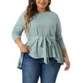 thumbnail image 1 of Agnes Orinda Women's Plus Size Crew Neck High Low Asymmetrical Hem Casual Blouse with Belt 1X Gray Green, 1 of 6