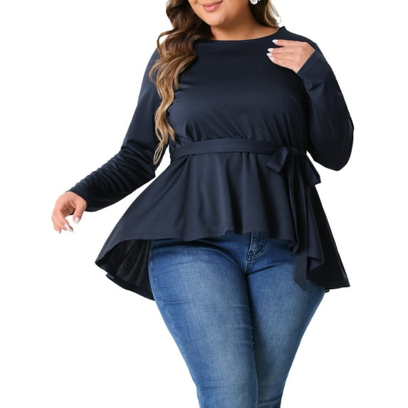Agnes Orinda Women's Plus Size Crew Neck High Low Asymmetrical Hem Casual Blouse with Belt 1X Navy Blue