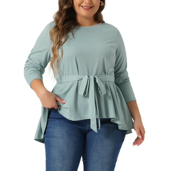 Agnes Orinda Women's Plus Size Crew Neck High Low Asymmetrical Hem Casual Blouse with Belt 4X Gray Green