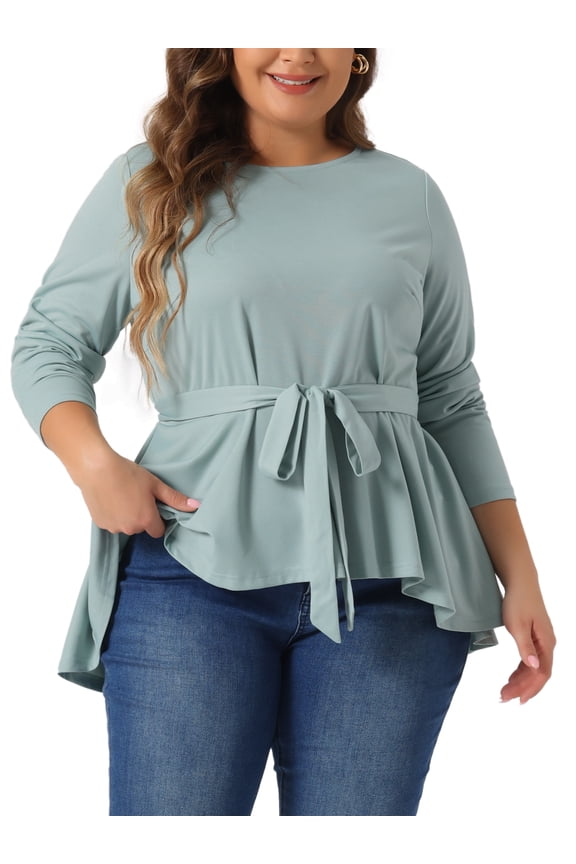 Women's Plus Size Crew Neck High Low Asymmetrical Hem Casual Blouse with Belt 4X Gray Green