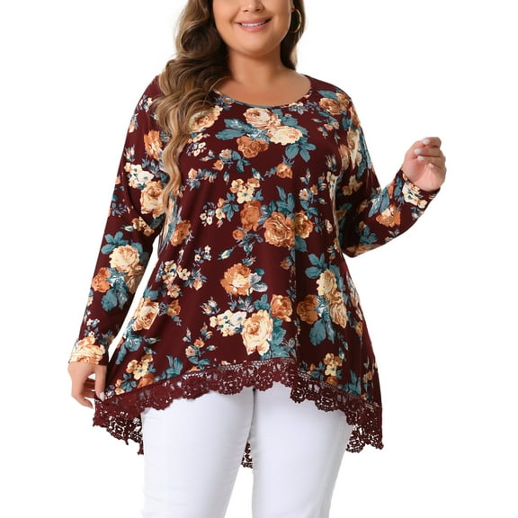 Agnes Orinda Women's Plus Size Crew Neck Lace Trim A-Line High Low Hem Floral Blouse Tunic Tops 2X Burgundy