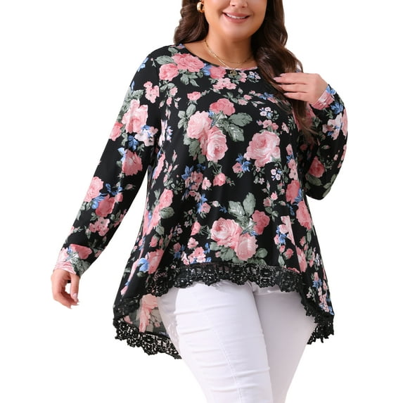 Agnes Orinda Women's Plus Size Crew Neck Lace Trim A-Line High Low Hem Floral Blouse Tunic Tops 3X Black