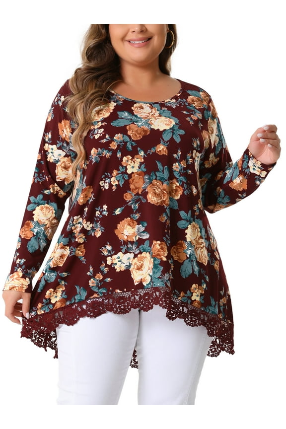 Women's Plus Size Crew Neck Lace Trim A-Line High Low Hem Floral Blouse Tunic Tops 4X Burgundy