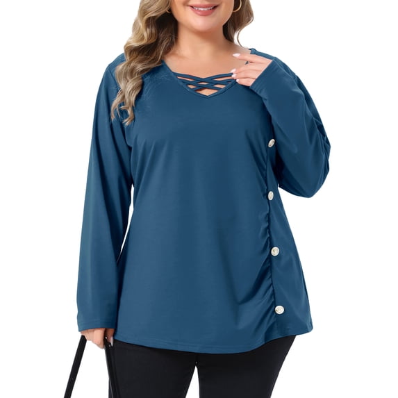Agnes Orinda Women's Plus Size Crisscross V Neck Tunic Top Side Button Decor Ruched Long Sleeve Soft Stretchy Casual Blouse 1X Blue