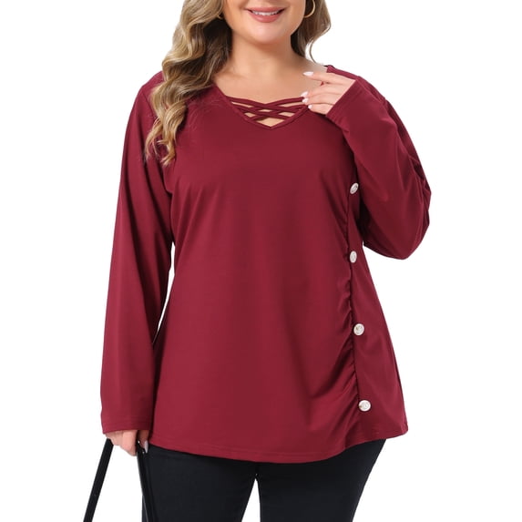 Agnes Orinda Women's Plus Size Crisscross V Neck Tunic Top Side Button Decor Ruched Long Sleeve Soft Stretchy Casual Blouse 3X Red