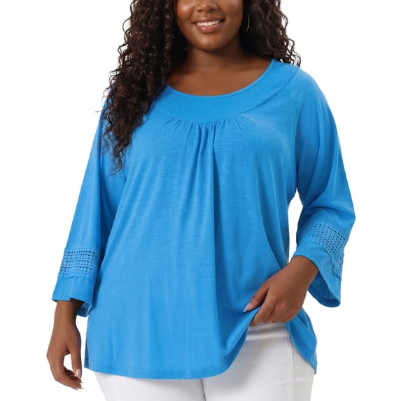 Agnes Orinda Women's Plus Size St. Patrick's Day Tops Long Sleeve Crochet Panel Hollow Out Pleated Casual Tunics Blouse 1X Sky Blue