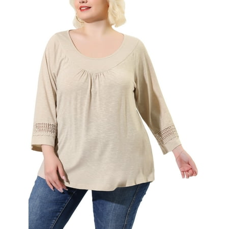 Agnes Orinda Women's Plus Size Tops Long Sleeve Crochet Panel Hollow Out Pleated Casual Tunics Blouse 2X Apricot