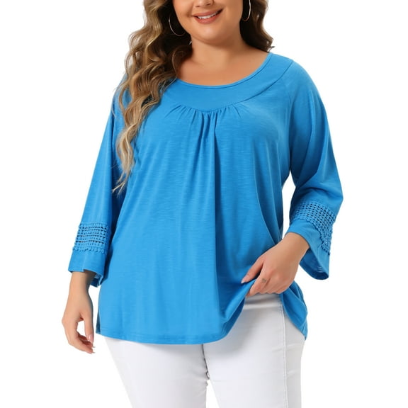 Agnes Orinda Women's Plus Size Tops Long Sleeve Crochet Panel Hollow Out Pleated Casual Tunics Blouse 2X Sky Blue