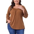 thumbnail image 1 of Agnes Orinda Women's Plus Size Tops Long Sleeve Crochet Panel Hollow Out Pleated Casual Tunics Blouse 3X Brown, 1 of 5