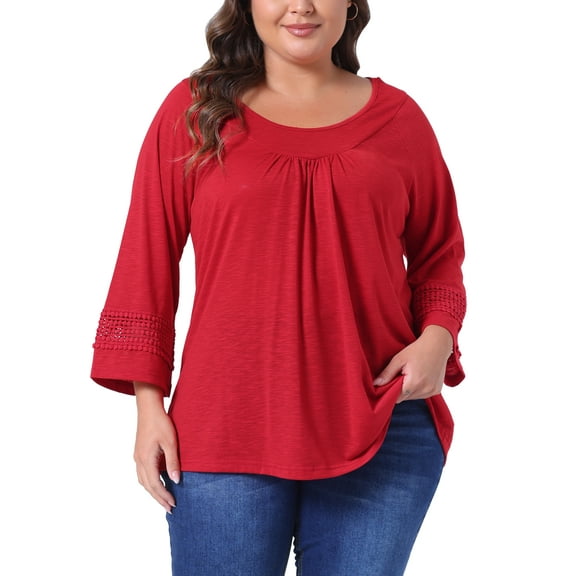 Agnes Orinda Women's Plus Size Tops Long Sleeve Crochet Panel Hollow Out Pleated Casual Tunics Blouse 3X Red