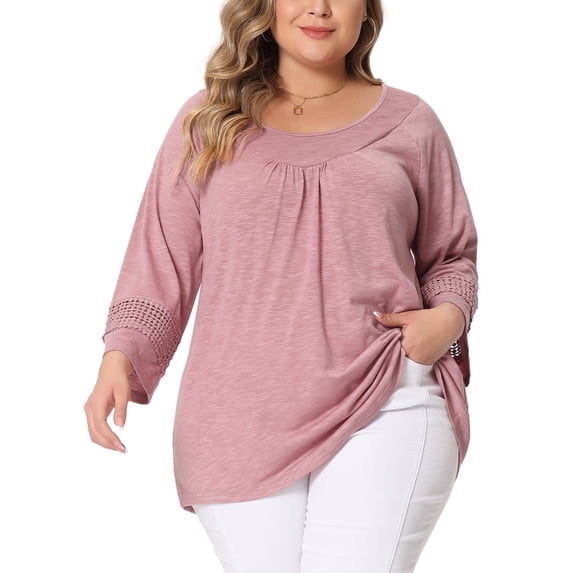 Agnes Orinda Women's Plus Size Tops Long Sleeve Crochet Panel Hollow Out Pleated Casual Tunics Blouse 4X Dark Pink