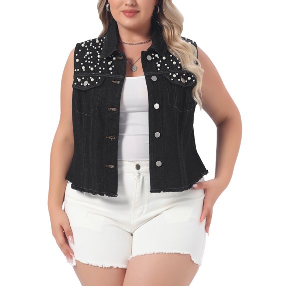Agnes Orinda Women's Plus Size Crop Denim Vest Sleeveless Distressed Embroidered Pearl Button Down Casual Jean Vests Jacket with Pocket Decor 4X Black